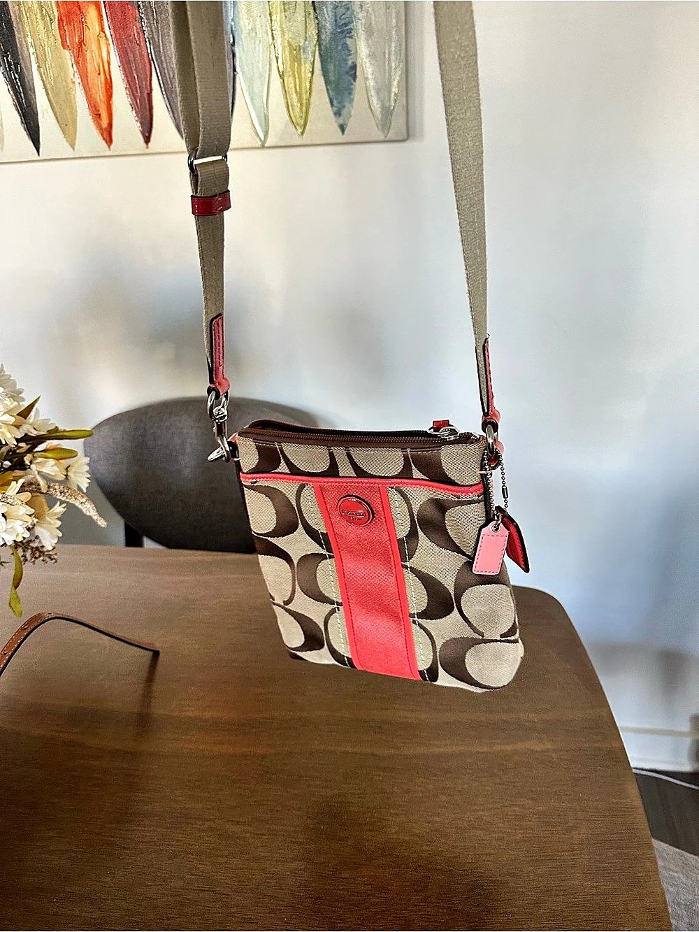 Coach Signature Stripe Swingpack Crossbody in Brown & Pink